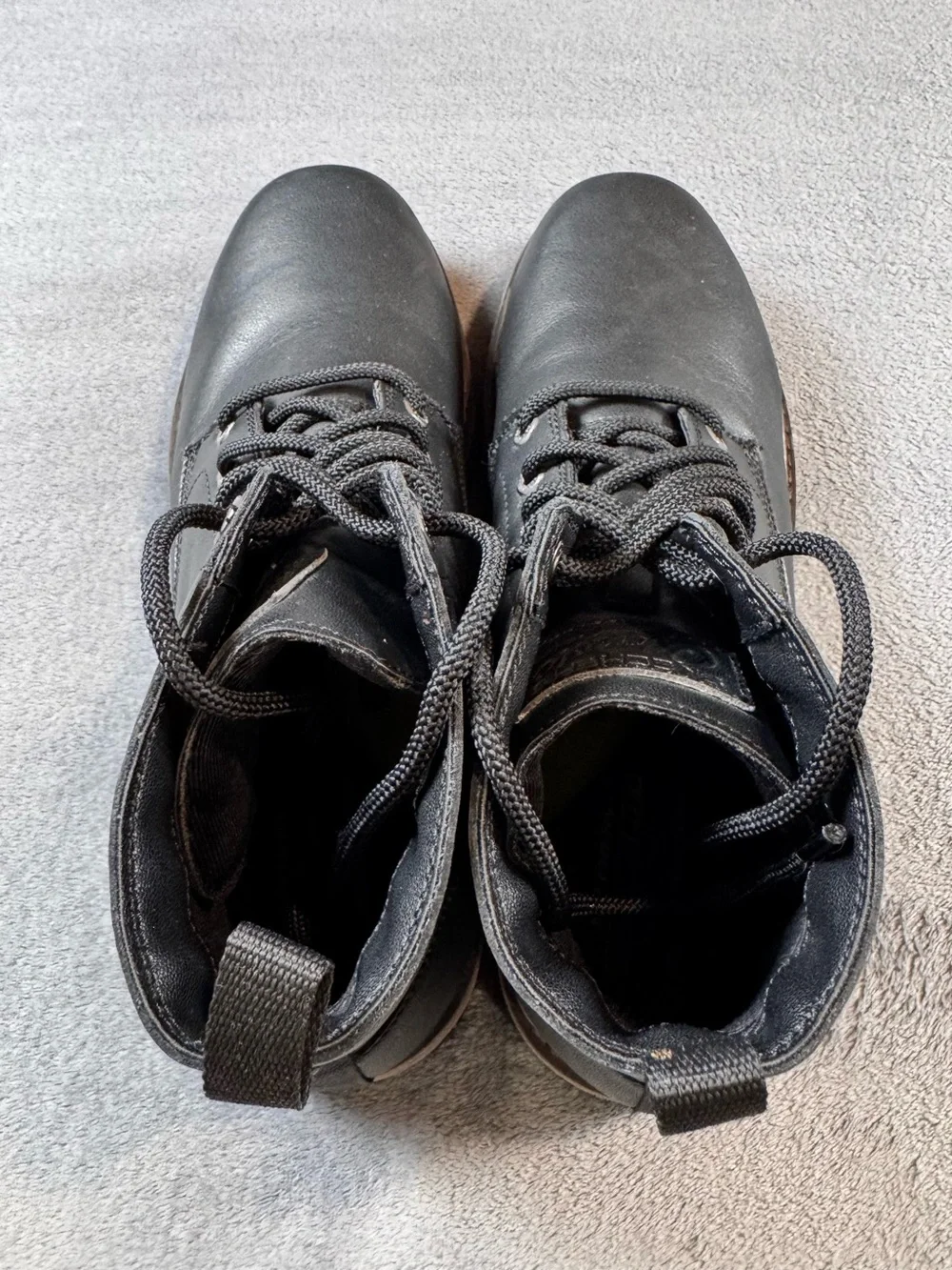 Skechers Alley Cat Black Leather Lace-Up Boots with Brown Lug Sole